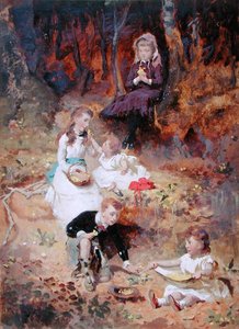 Pět dětí hrajících si v lese (olej na kartě) od George Elgar Hicks
