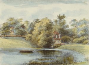 Chinese Temple and Temple of Eolus, Kew Gardens, deska 16 z Kew Gardens: Série dvaceti čtyř kreseb na kameni, vyryto Charlesem Hullmandlem (1789-1850) publikováno 1820 (ručně kolorované lito)