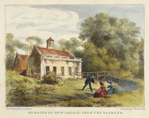Pozůstatky paláce Kew ze zahrad, deska 6 z Kew Gardens: Řada dvaceti čtyř kreseb na kameni, vyryl Charles Hullmandel (1789-1850) vydáno 1820 (ručně kolorované lito)