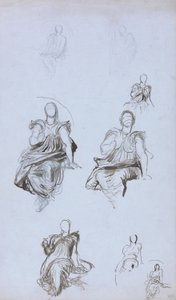 Studie sedící postavy s knihou (pero a hnědá tuš a grafit na modrém papíře) od George Frederick Watts