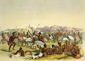 Zuluský lovecký tanec poblíž pohoří Engooi, deska 14 z „The Kafirs Illustrated“, 1849