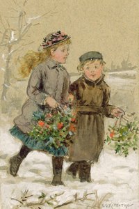 Děti si hrají ve sněhu - Sbírání Holly (Wc se zvýšenou bílou na papíře) (viz 224240 pro pár) od George Goodwin Kilburne