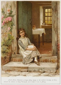 Sarah Shilton, prototyp Caterinas, sedící a zpívající na prahu svých matek v Cotonu, přitahuje pozornost lady Newdegate a je převezena do Arbury. od George Goodwin Kilburne