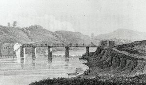 Bridge at Zanesville, Ohio, z „Návštěva Severní Ameriky a anglických osad v Illinois“ od Adlarda Welbyho, vydáno 1821