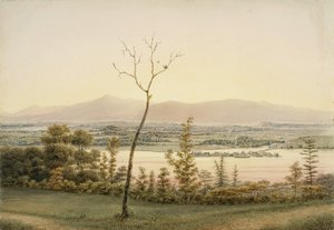 Early Twilight, Kaatskill Catskill Landing and Mountains z East Bank of the Hudson, New York, 1840 (akvarel, grafit, selektivní glazura, kvaš a doteky škrábání na papíře pro
