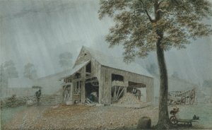 Rainstorm, Cider Mill at Redding, Connecticut, cca 1840 (akvarel a kvaš na bílém tkaném papíře) od George Harvey