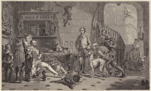 Shakespeare přivedl před sira Thomase Lucyho za pytláctví jelenů. (rytina)