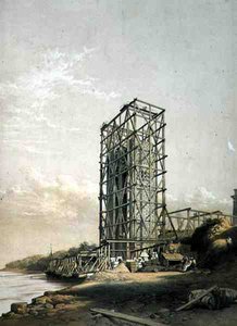 Britannia Bridge, Caernarvon Tower, září 1848, vydáno v roce 1849 (litografie)