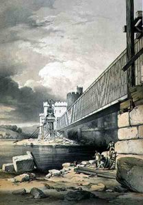 Conway Tubular Bridge, with the Preparations for Raising the Second Tube, vydáno v roce 1849 (litografie) od George Hawkins