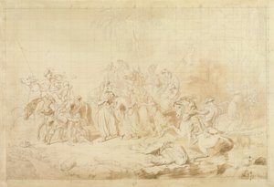 Banditti z Kurdistánu pomáhá Gruzíncům při překvapování a unášení čerkeských žen kolem roku 1827-28 (pero a hnědý inkoust na tkaném papíře) od George Hayter