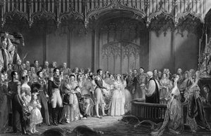 Svatba královny Viktorie (1819-1901) a prince Alberta (1819-61) v paláci svatého Jakuba 10. února 1840, rytina Charles Eden Wagstaff, 1840