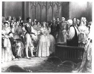 Svatba královny Viktorie (1819-1901) a prince Alberta (1819-61) v paláci svatého Jakuba 10. února 1840, rytina Charles Eden Wagstaff, 1840