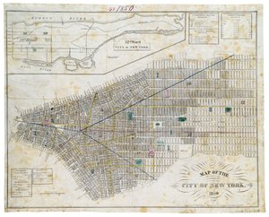 Mapa města New York, 1850 (černý inkoust, s barevným lavírováním, na papíře)