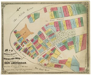 Mapa původních dotací vesnických pozemků od Nizozemské západoindické společnosti pro obyvatele New-Amsterdamu (nyní New-York), které leží pod současnou linií Wall Street, 1857 (černým inkoustem, s barevným podkladem).