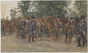 Husaři stojící vedle svých koní na kraji silnice od George Hendrik Breitner