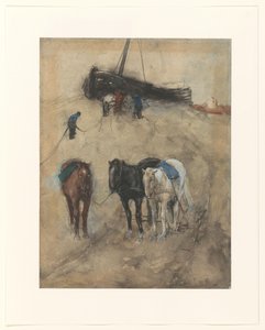 Koně na pláži, v pozadí bárka a rybáři od George Hendrik Breitner