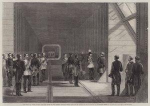 Princ z Walesu zavírá poslední nýt trubkového mostu Victoria přes řeku Svatého Vavřince od George Henry Andrews