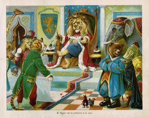 Tigret požádal krále Lva XV., aby členům sdružení masožravců povolil jíst jiná zvířata, v knize "Válka zvířat", text J. Jacquin a ilustrace C. H. Thompson. Dětská kniha, vyd. Hachette  Cie, Paříž, cca 1905.