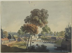 Vesnice Chippawa poblíž vodopádů Niagara, kolem roku 1801 (wc na tkaném papíře)