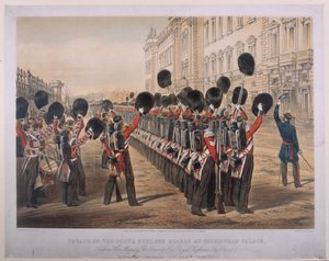 Parade of the Scots Fusilier Guards v Buckinghamském paláci ráno v den jejich odjezdu do Seat of War, 2. března 1854, vyryto E. Walkerem, vydal Colnaghi und Co., 1854