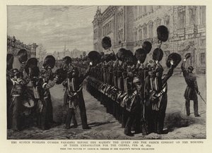 Stráže skotských střelců defilují před Jejím Veličenstvem královnou a Prince Consortem ráno v den jejich nalodění na Krym, 28. února 1854