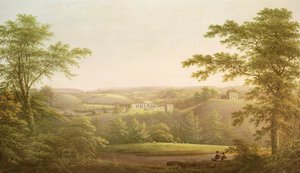 Easby Hall a Easby Abbey s Richmondem v Yorkshiru v pozadí, asi 1790-1810