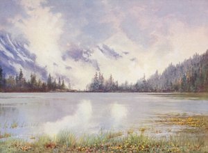 Jezero Champex v mracích na konci května; Caltha palustris a Primula farinosa u břehu (barevná litografie) od George Jackson Flemwell