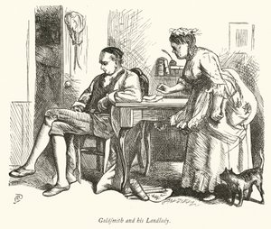 Oliver Goldsmith a jeho bytná (rytina)