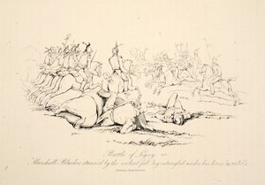 Bitva u Ligny: Marshall Blucher omráčený prudkým pádem ležel zapletený pod svým koněm, hospoda J. Booth, 1816