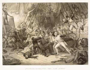 Horatio Nelson nalodění na San Josef v bitvě u Cape St Vincent, 14. února 1797, vyryto Johnem Crewem podle originálu v Greenwich Hospital Collection od George Jones