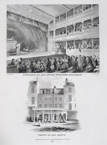Interiér Little Theatre, Haymarket v Londýně a Front of the Above, vyrytý Jamesem Stowem (c.1770-1820) 1815 od George Jones