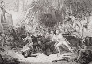 Nelson nalodění na loď San Josef v bitvě u Svatého Vincenta, 14. února 1797, z „Ilustrace anglické a skotské historie“ svazek II od George Jones