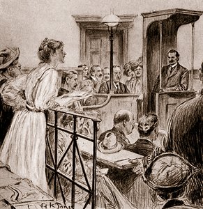 Slečna Christabel Pankhurst vyslýchá pana Herberta Gladstonea, 1909 (kresba)