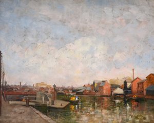 Zdymadlo Birminghamského kanálu, 1920-30. Pohled na Cambrian Wharf v Ladywood. od George Leonard Leigh