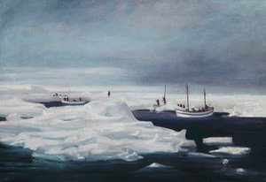 James Caird, Dudley Docker a Stancomb Wills kotvící k ledové kře ve Weddellově moři, duben 1916 od George Marston