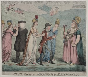 Matka Windsorová se čtyřmi kurtizánami přikazuje svým dívkám zatknout biskupa z Durhamu a vévodu z Queensbury, 1798 (barevný lept) od George Moutard Woodward