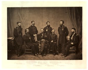 Sherman a jeho generálové [Blair přidán z jiného negativu před tiskem], 1865 (sépiová fotografie)