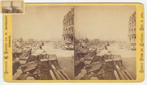 Stereograf sejfů pořízených z ruin na Dearborn Street po požáru v Chicagu v roce 1871, 1871 (černobílá fotografie na držáku karty) od George N. Barnard