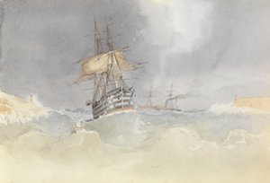 Loď HMS "Trafalgar" vplouvá do maltského přístavu se ztrátou kormidelní hlavy po vichřici, 9. února 1852