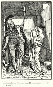 Ilias: Andromache a Astyanax se setkávají s Hektorem připraveným na válku (rytina) od George Percy Jacomb Hood