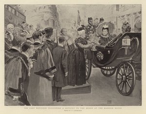 Lady Mayoress předává kytici královně v Mansion House