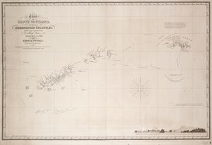 Mapa Jižních Shetland včetně ostrova Coronation z průzkumu šalupy Dove v letech 1821 a 1822, který provedl George Powell, velitel téže šalupy. od George Powell