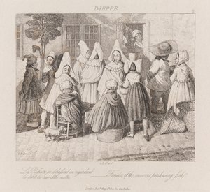 Ženy nakupující ryby, Dieppe, kolem 1821 (lept)