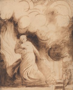 Matka s dítětem v náručí letící nad hradbami hořícího města od George Romney