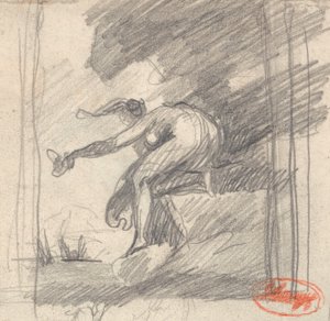 Ženská postava klečící na skalním výběžku a mávající od George Romney
