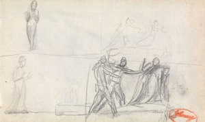 Skupinová scéna a dvě skici stojící postavy od George Romney