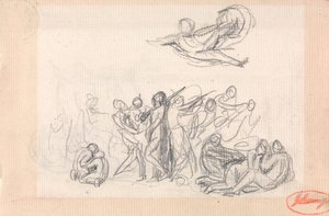 Skupina postav s létající postavou nad nimi od George Romney