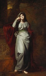 Il Penseroso, aneb Melancholie: Ženská postava, po celé délce, na sobě bledě zelený hábit, stojící v krajině, položený levým loktem na podstavci s klasickým vlysem, od George Romney