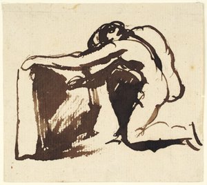 Klečící nahá postava píšící na velkou tabulku od George Romney
