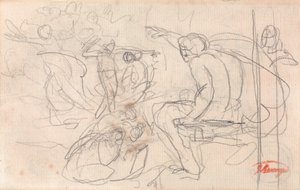 Pravděpodobně sedící postava pronášející rozsudek nad klečící postavou od George Romney